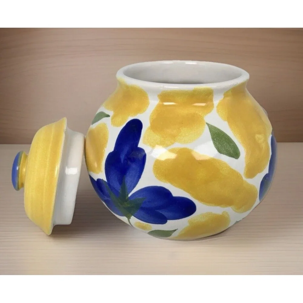 Dansk Portugal Hand Painted St Tropez Sugar Bowl & Lid Yellow Blue Flower EUC